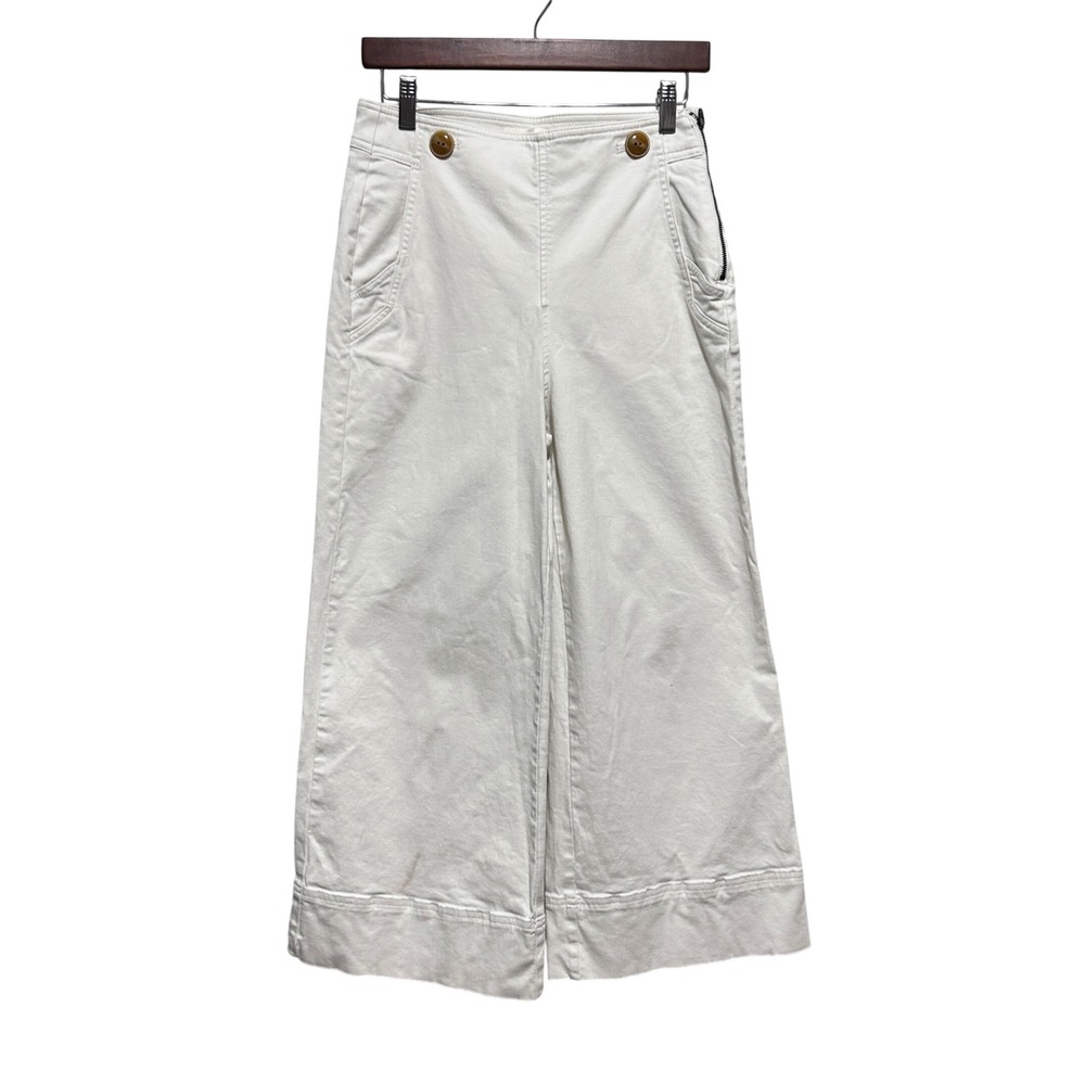Maeve Women Wide Leg Pants 6 White Sailor Button High Rise Coastal Parisian Chic